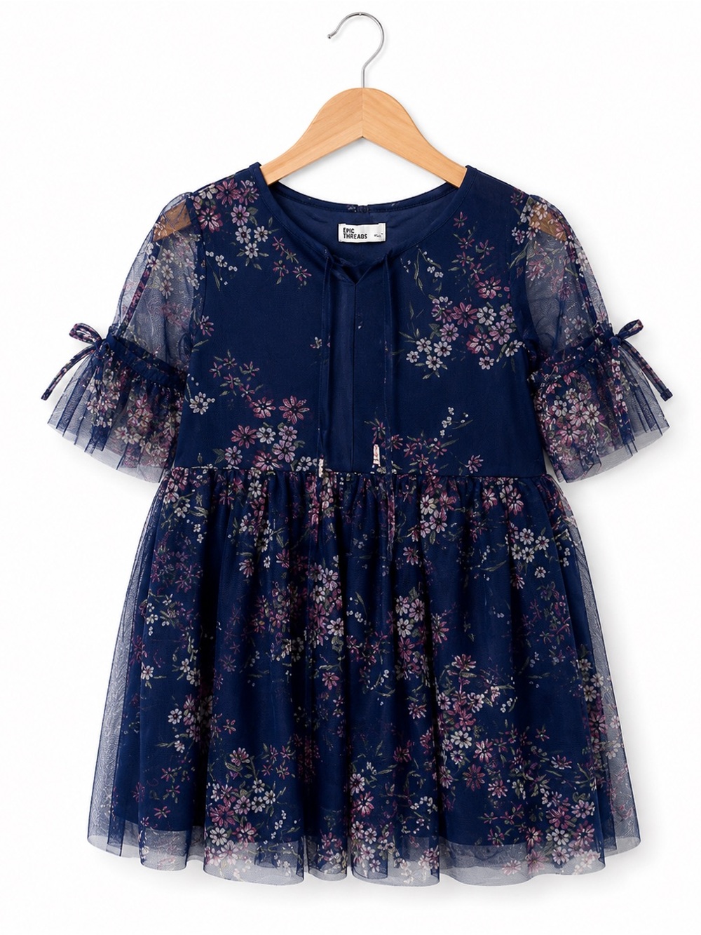 Epic Threads Navy Floral Tulle Dress Girls Size 6 Sheer Sleeve Cottagecore